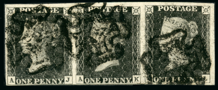 Stamp of Great Britain » 1840 1d Black and 1d Red plates 1a to 11 1840 1d black pl.6 AJ-AL, used horizontal strip of three
