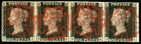 Stamp of Great Britain » 1840 1d Black and 1d Red plates 1a to 11 1840 1d black pl.7 DI-DL, used horizontal strip of four