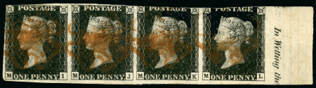 Stamp of Great Britain » 1840 1d Black and 1d Red plates 1a to 11 1840 1d black pl.6 MI-ML, used horizontal strip of four with right sheet margin