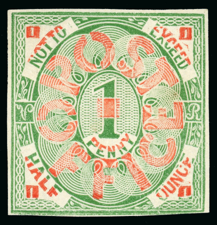 Stamp of Great Britain » Line Engraved Essays, Plate Proofs, Colour Trials and Reprints 1839 Treasury Competition: Charles Whiting "1 Penny Post Office" essay in green and red