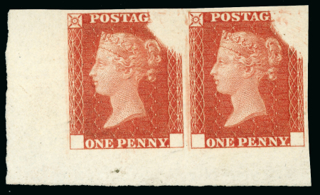 Stamp of Great Britain » Line Engraved Essays, Plate Proofs, Colour Trials and Reprints 1840 1d “Rainbow Trials,” state 1 of the sheet of 12, a lower left corner pair in orange-red