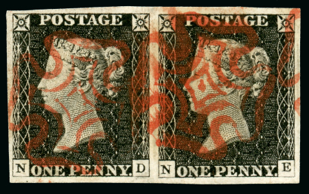 Stamp of Great Britain » 1840 1d Black and 1d Red plates 1a to 11 1840 1d black pl.2 ND-NE, horizontal pair, large to very margins all around, used