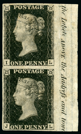 Stamp of Great Britain » 1840 1d Black and 1d Red plates 1a to 11 1840 1d black pl.5 IL/JL, mint right sheet marginal vertical pair showing partial marginal inscription