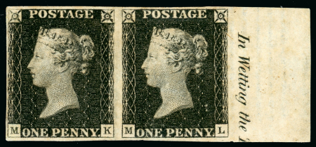 Stamp of Great Britain » 1840 1d Black and 1d Red plates 1a to 11 1840 1d black pl.1b MK-ML, mint right sheet marginal horizontal pair with partial marginal inscription