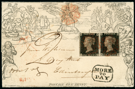 Stamp of Great Britain » 1840 Mulreadys & Caricatures 1841 (12 Feb.) 1d. Mulready letter sheet (A81) from Dublin with framed "MORE TO PAY" and 1d black pair