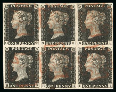 Stamp of Great Britain » 1840 1d Black and 1d Red plates 1a to 11 1840 1d black pl.1b GG/HI used block of six