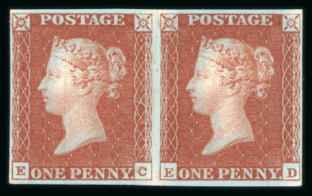 Stamp of Great Britain » Line Engraved Essays, Plate Proofs, Colour Trials and Reprints 1841 1d red-brown pl.11 EC-ED trial on Dickinson silk thread security paper, no wmk, in unused horizontal pair