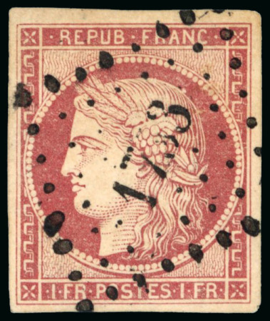 1849, Cérès non dentelé 1 franc carmin Y&T n°6 O petits