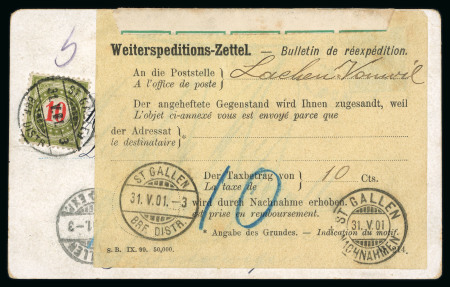 Portomarken auf zwei seltenen Briefen 1901-1902 aus dem Ausland mit verschiedenen WEITERSPEDITIONS-ZETTEL Formularen