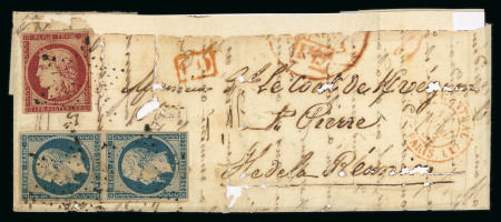1853, Lettre de Paris pour l'Île de la Réunion, affranchissement