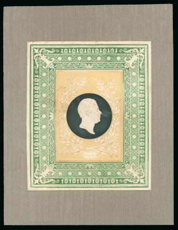 Stamp of Great Britain » 1839 Treasury Competition Charles Whiting: An embossed sample produced by the Congreve process, printed in green, buff and black showing Walter Scott