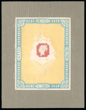 Stamp of Great Britain » 1839 Treasury Competition Charles Whiting: An embossed sample produced by the Congreve process, printed in pale blue, yellow and red showing Queen Adelaide