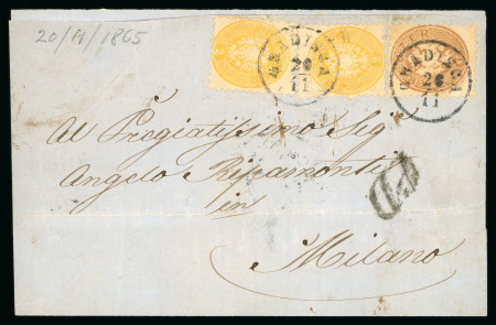 1865 (Nov 20) large part cover from Gradisca (modern day Slovenia) to Italy with 1863-64 2Kr vert. pair and 15Kr perf.9