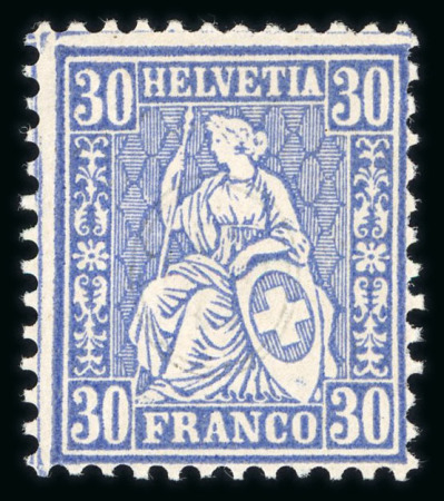 1867, Sitzende Helvetia, gezähnt, 30c ultramarin, tadelloses postfrisches Exemplar, selten in dieser außergewöhnlichen frische. Attest J.C.Marchand (2023). SBK = 2000 CHF