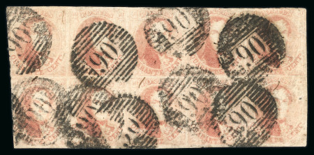 1851, 40 centimes, papier côtelé, en bloc de 10, oblitération