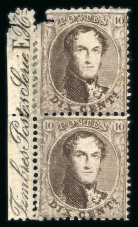 1863, 10 centimes brun foncé, paire verticale avec