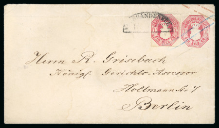 1864 1 Sgr tied by NEUBRANDENBURG postmark on 1 Sgr postal stationery envelope to Berlin with rare PRENZLAU arrival
