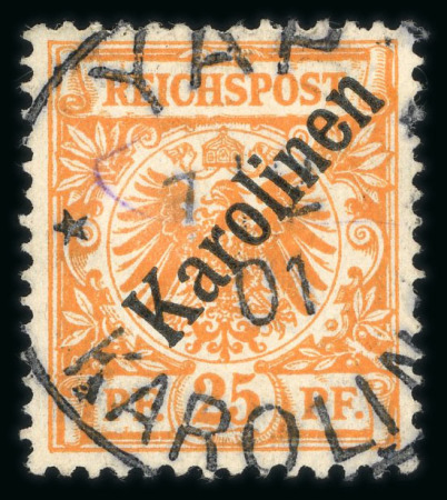 1899 (ovpt 48 degrees) 25pf yellowish orange, used with Yap cds