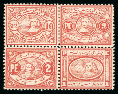 1867 Essays of V. Penasson: Perforated block of four in red on ungummed paper, showing 10pa, 1pi and two 2pi essays of four different designs