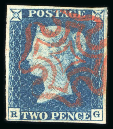 Stamp of Great Britain » 1840 2d Blue (ordered by plate number) 1840, 2d blue pl.1 RG with four margins and fine strike of red MC