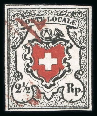 1850, Poste Locale mit Kreuzeinfassung, 2 1/2 Rp in der besseren nuance tiefschwarz/braunrot