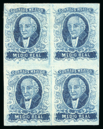 1856 No Overprint ½ Real Blue two mint blocks of four group