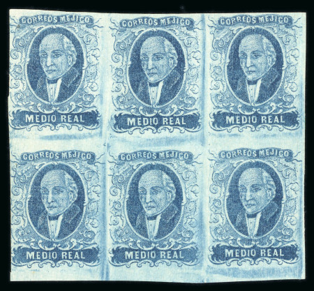1856 No Overprint ½ Real Blue mint block of six
