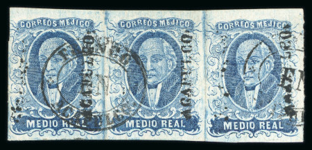 1856 Acapulco ½ Real Blue strip of three