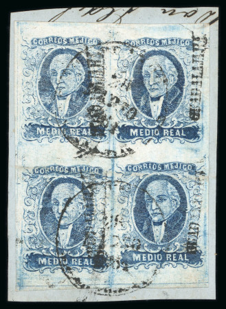 1856 Guadalajara ½ Real Blue two blocks of four