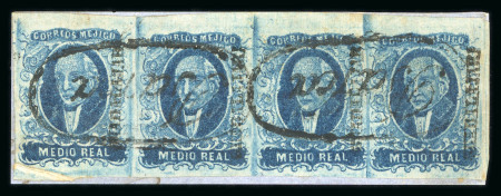1856 Guadalajara Barca ½ Real Blue rare strip of four