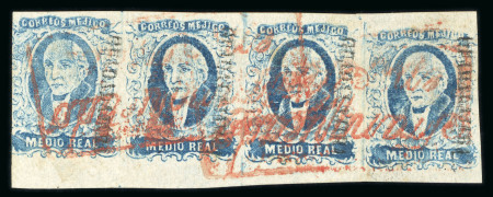 1856 Guadalajara Tepic ½ Real Blue strip of four red cancel