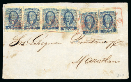 1856 Guadalajara Tepic ½ Real Blue six stamps combination on front