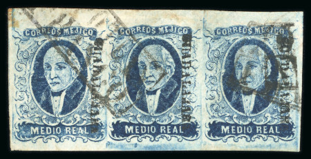 1856 Guadalajara Zapotlán ½ Real Blue strip of three + pair on cover