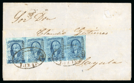 1856 Guadalajara Tamazula ½ Real Blue strip of four on cover and Guanajuato two strips of four on two covers