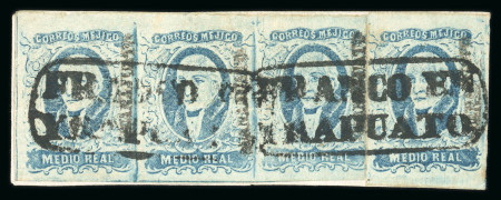 1856 Guanajuato Yrapuato ½ Real Blue strip of four