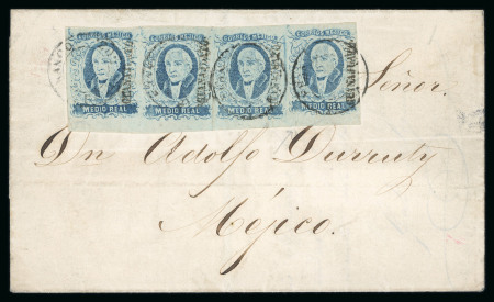 1856 Guanajuato La Luz ½ Real Blue rare strip of four on cover
